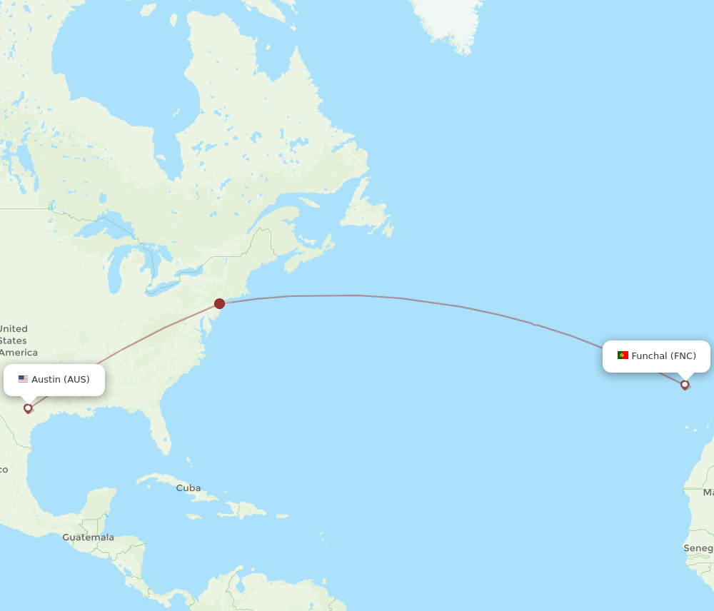 Funchal - Austin route map and flight paths