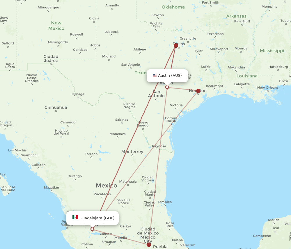 AUS-GDL flight routes
