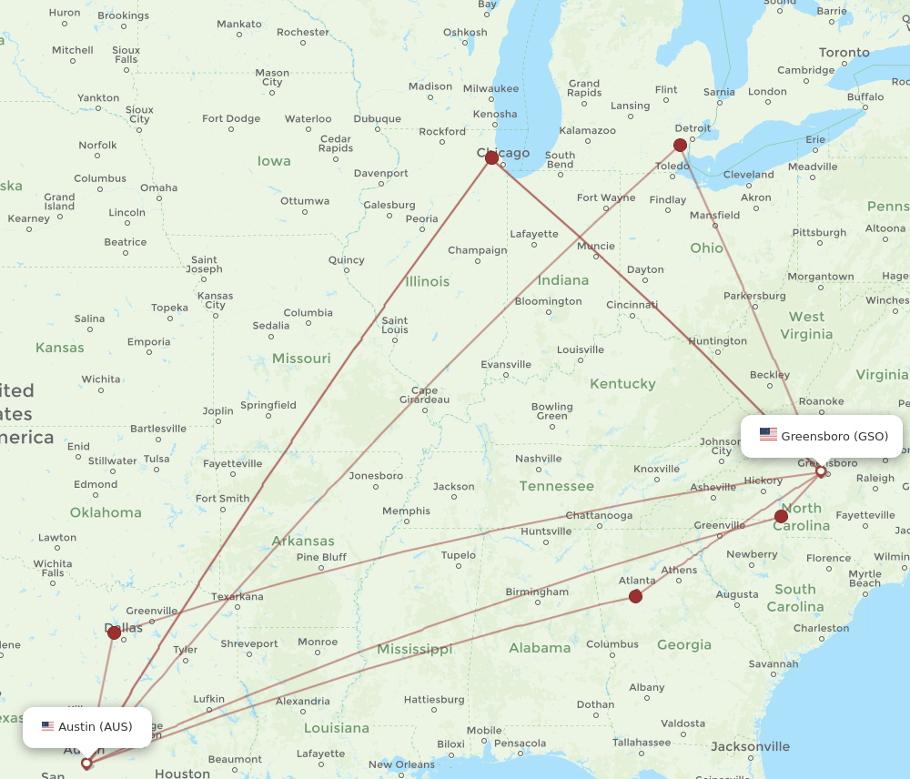 AUS-GSO flight routes
