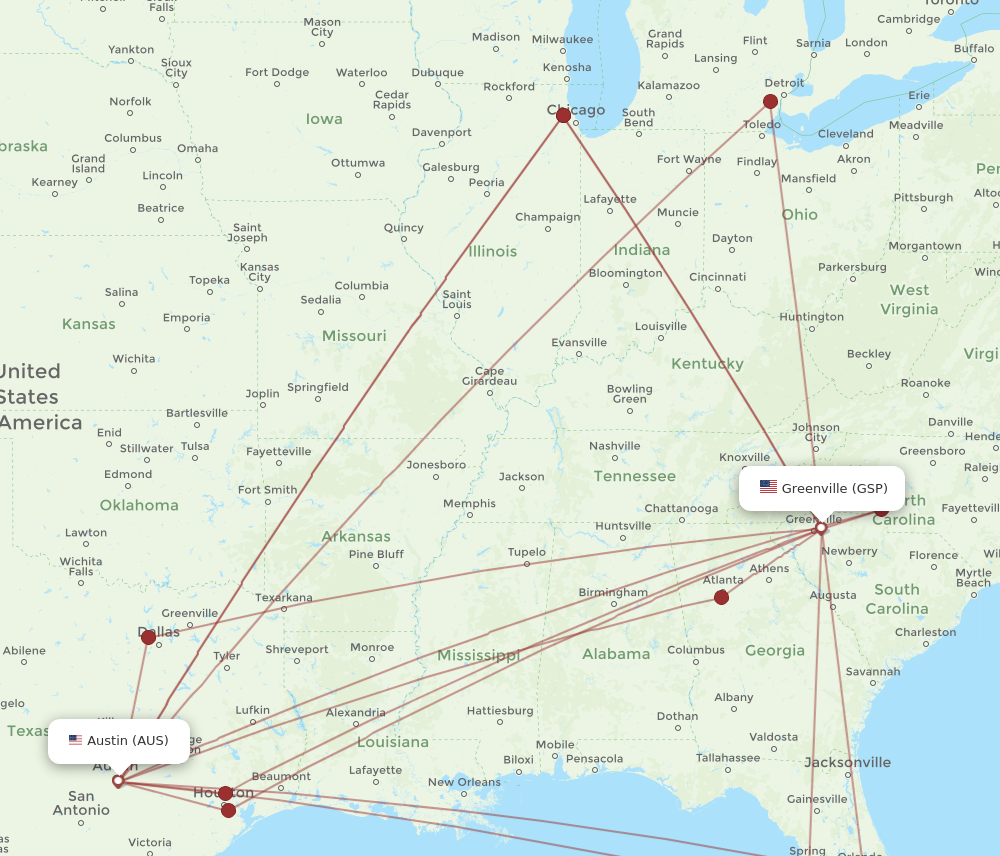 AUS to GSP flights and routes map