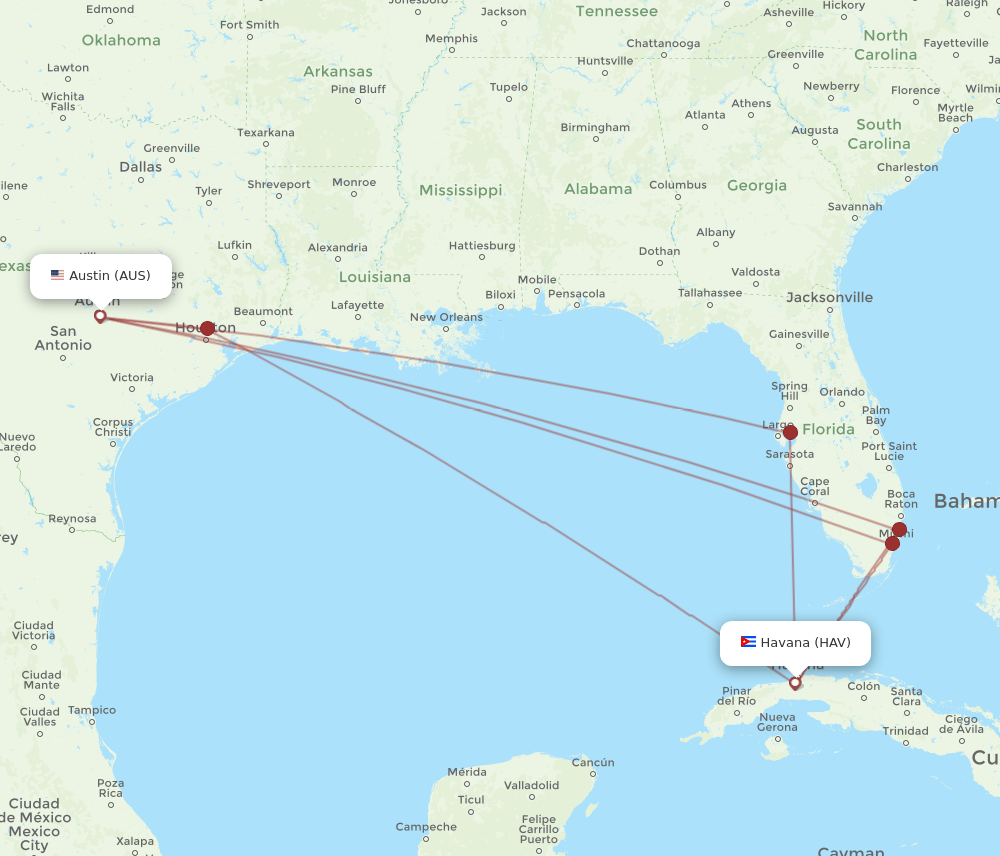 AUS to HAV flights and routes map
