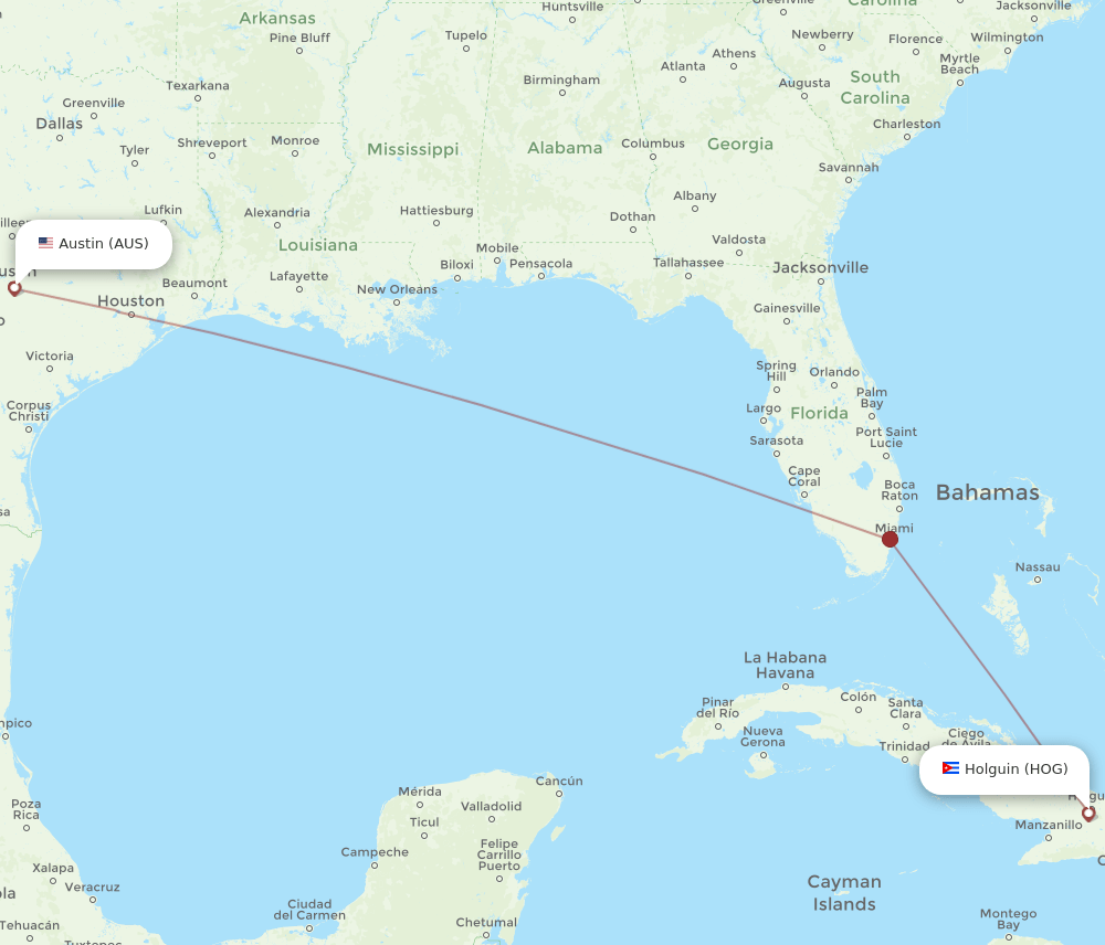 AUS to HOG flights and routes map
