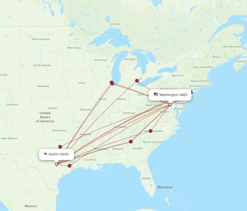 AUS to IAD flights and routes map