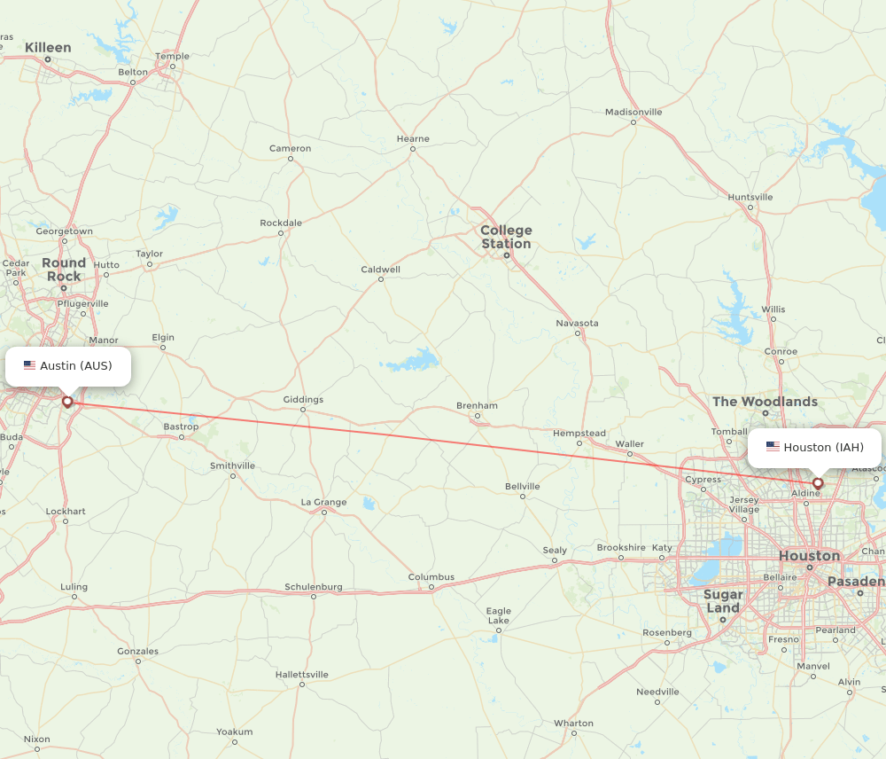 Austin - Houston route map and flight paths