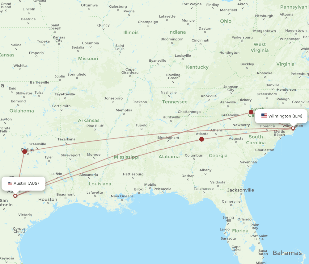 AUS-ILM flight routes