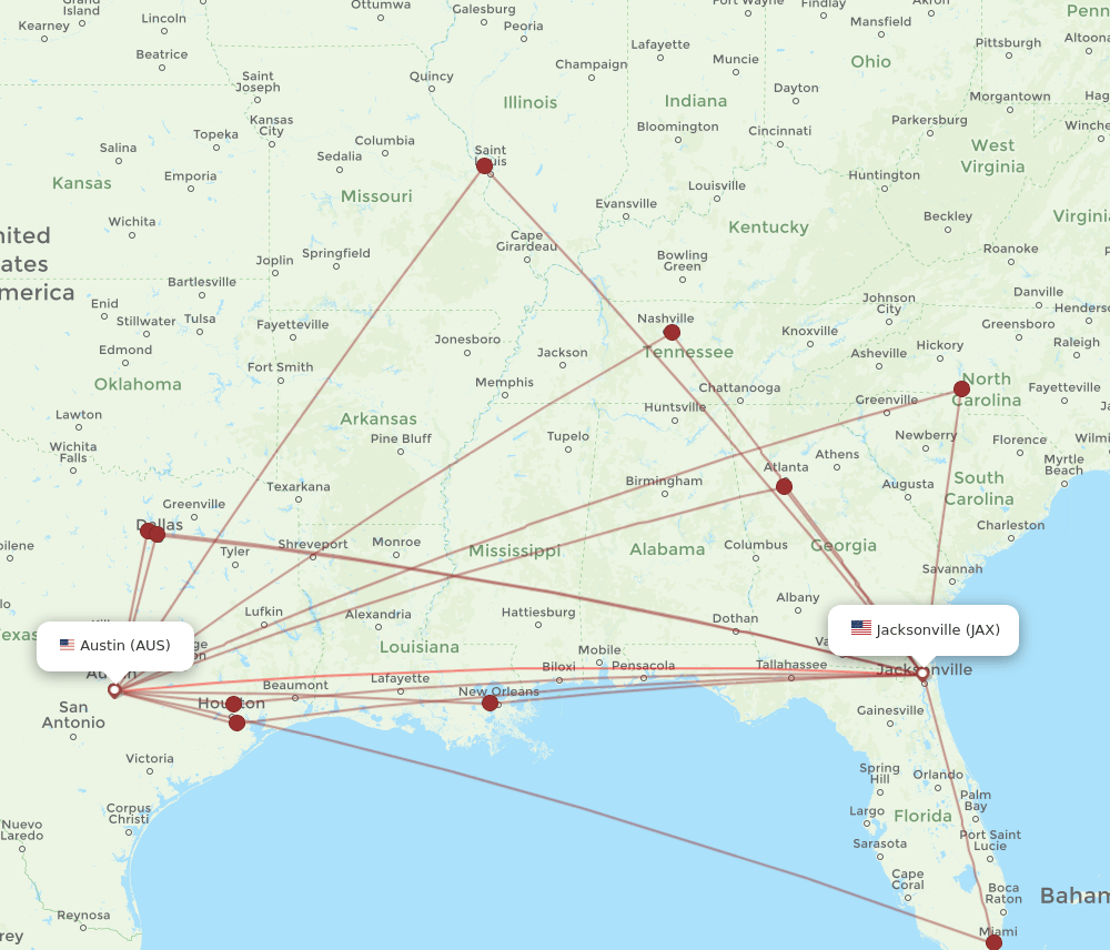 AUS to JAX flights and routes map