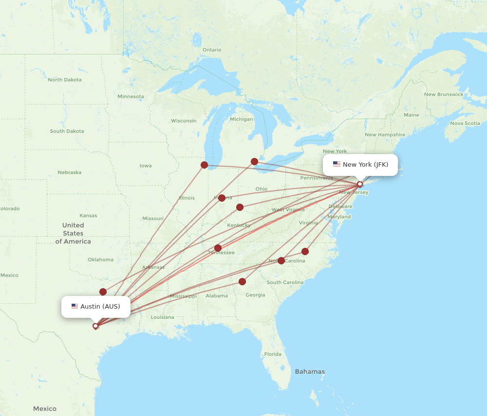 AUS-JFK flight routes
