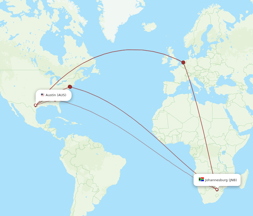 AUS to JNB flights and routes map