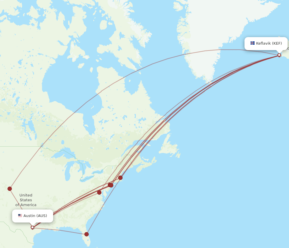 AUS-KEF flight routes