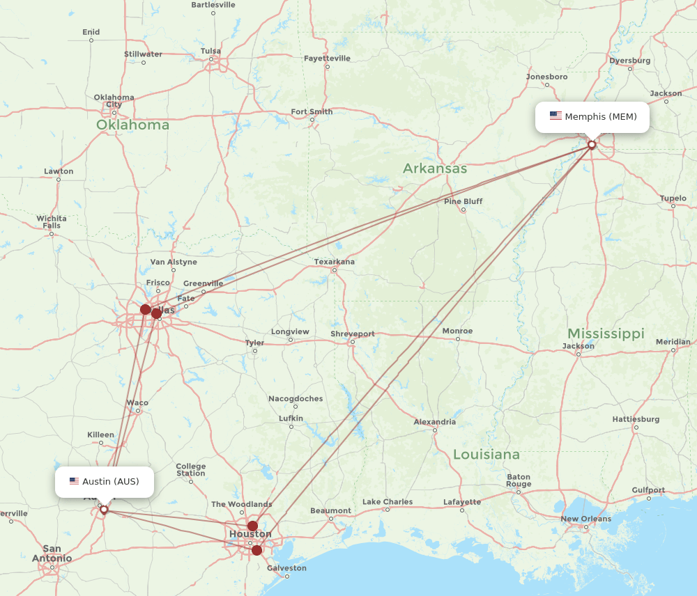AUS-MEM flight routes