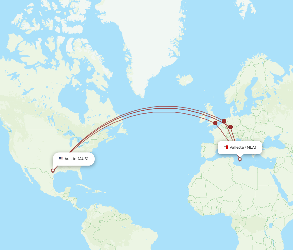 AUS-MLA flight routes