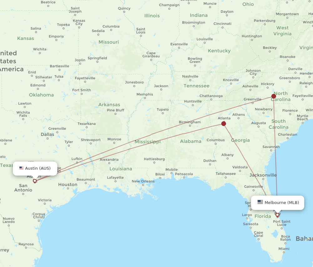AUS to MLB flights and routes map