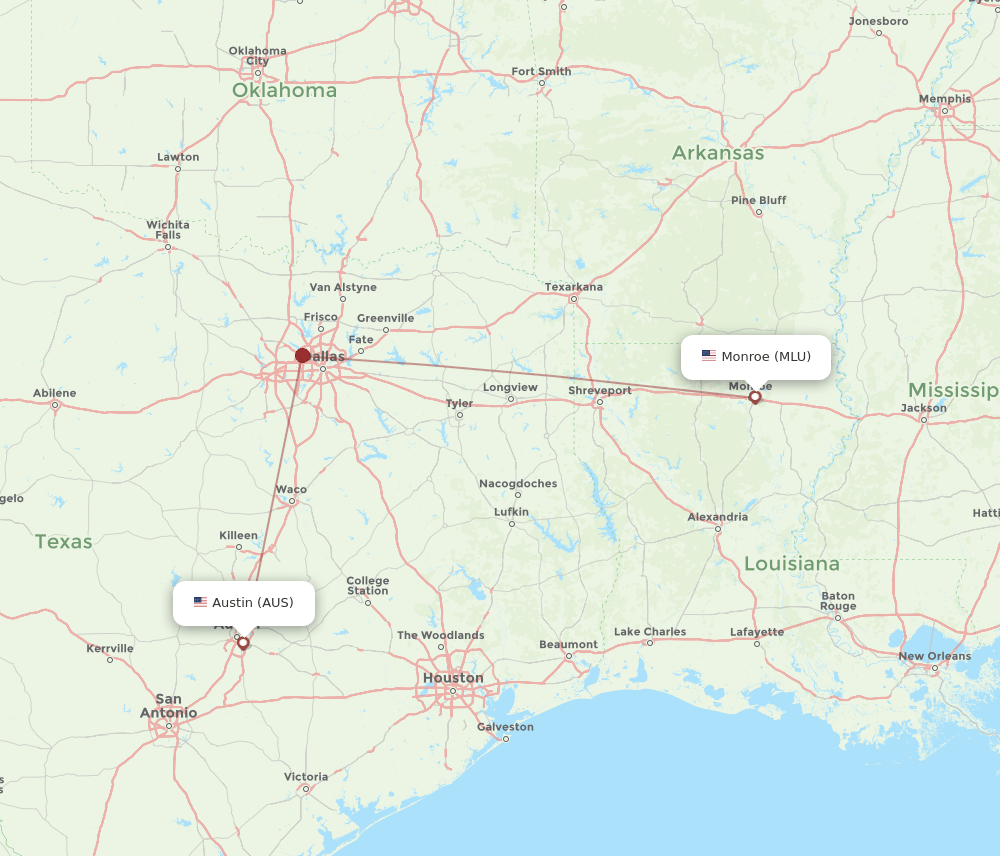 AUS to MLU flights and routes map