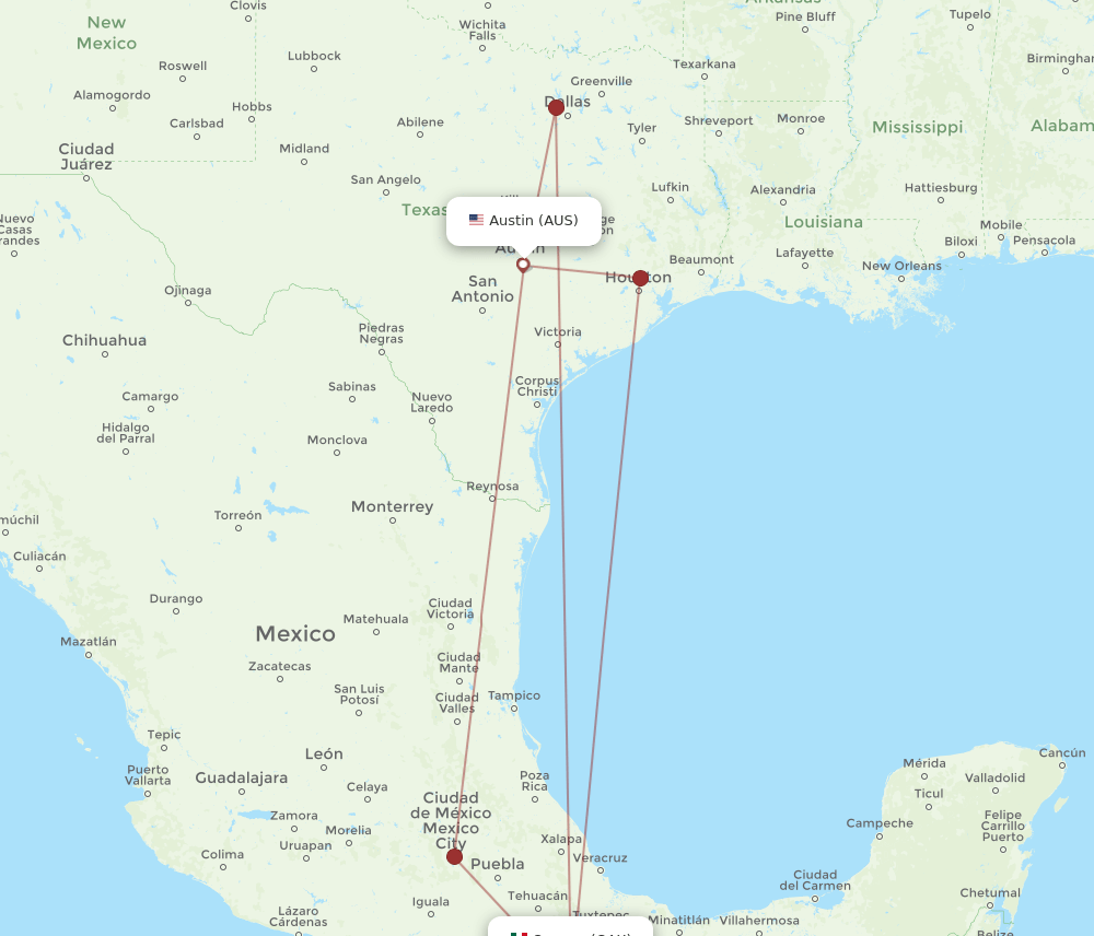 AUS-OAX flight routes