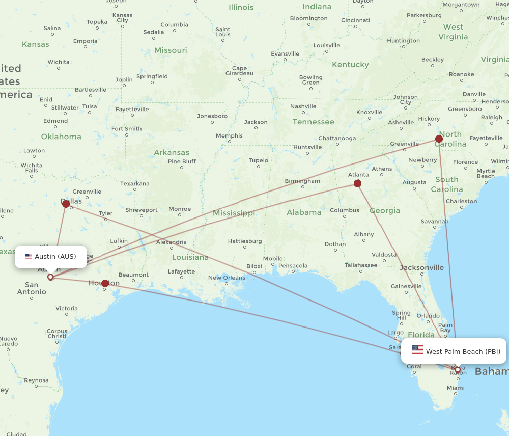 AUS to PBI flights and routes map