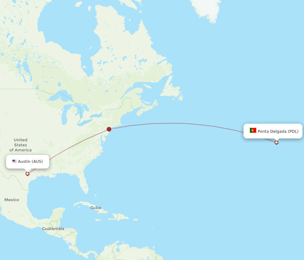 Ponta Delgada (Azores) - Austin route map and flight paths