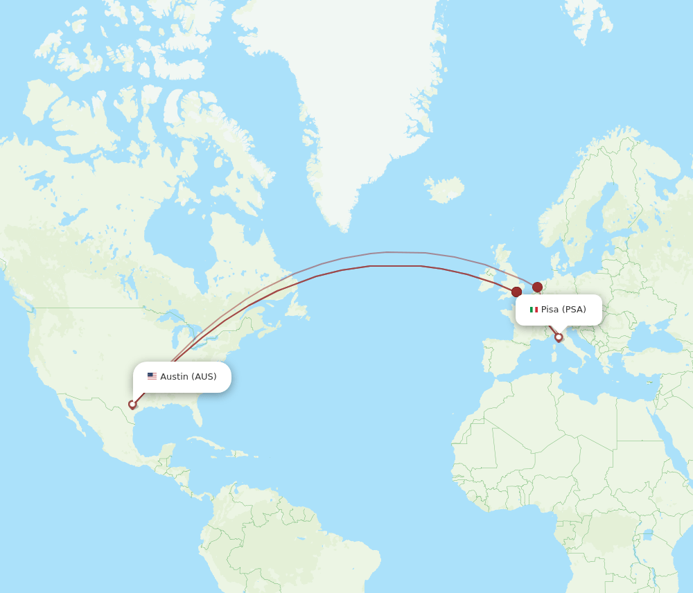 Pisa - Austin route map and flight paths