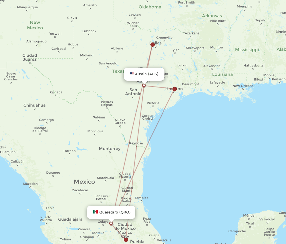 AUS to QRO flights and routes map
