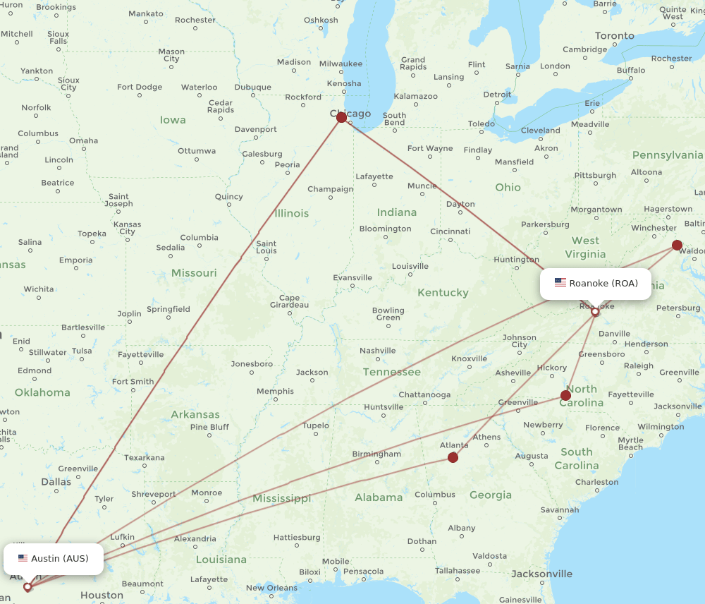 AUS-ROA flight routes