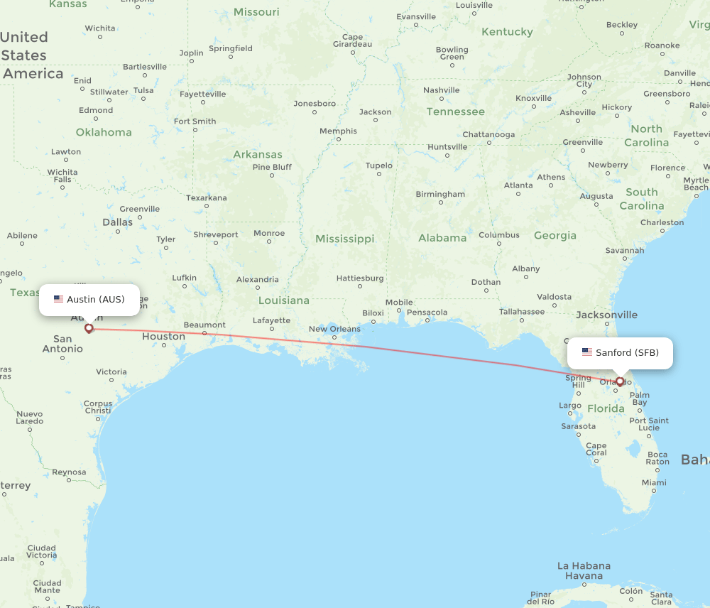 Austin - Orlando route map and flight paths