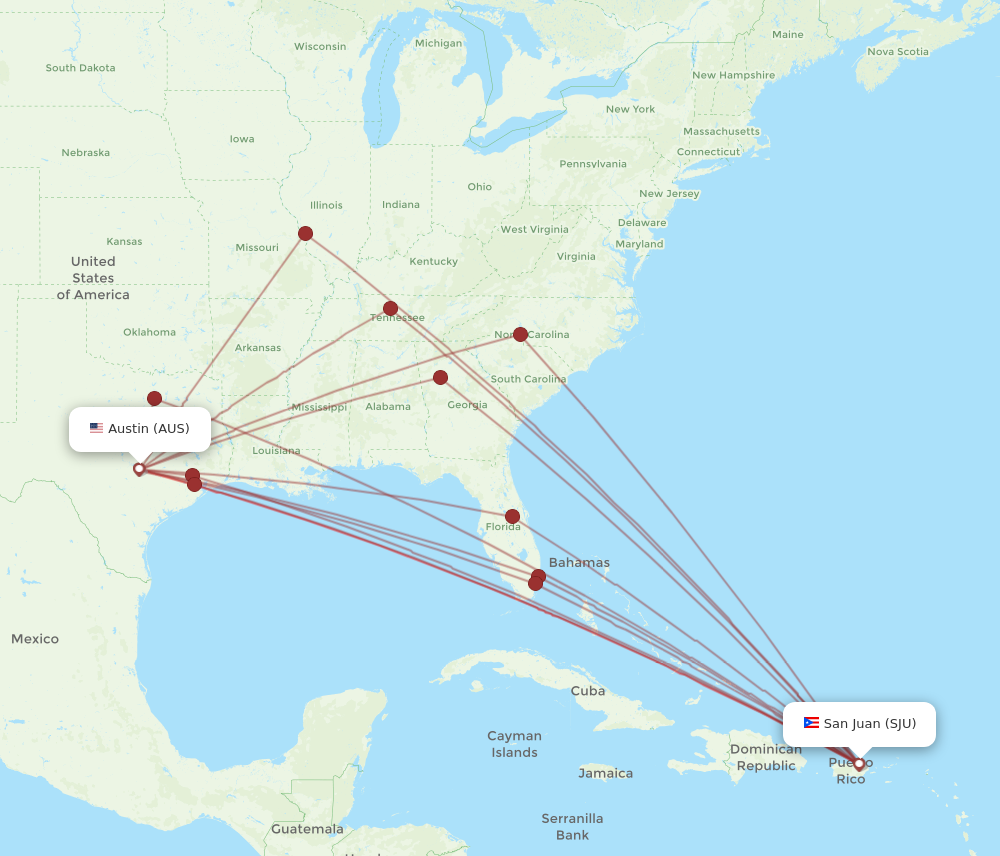AUS to SJU flights and routes map