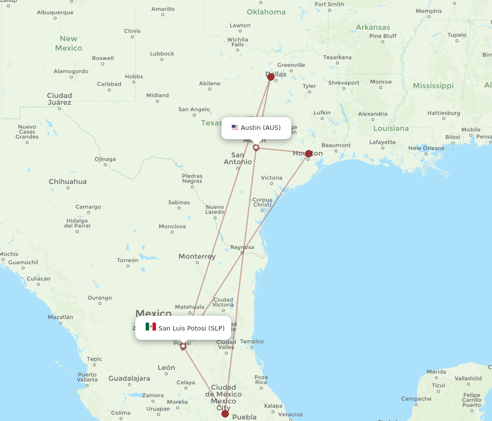 AUS to SLP flights and routes map
