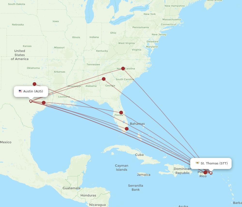 AUS-STT flight routes