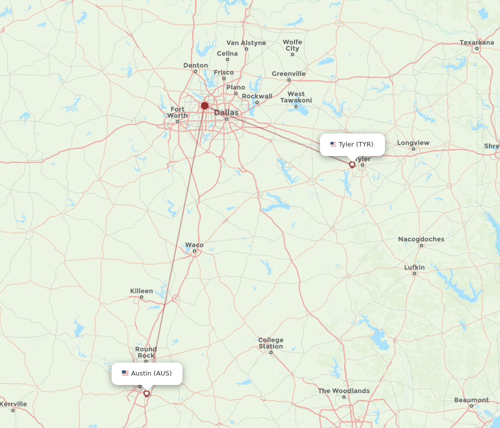 AUS to TYR flights and routes map