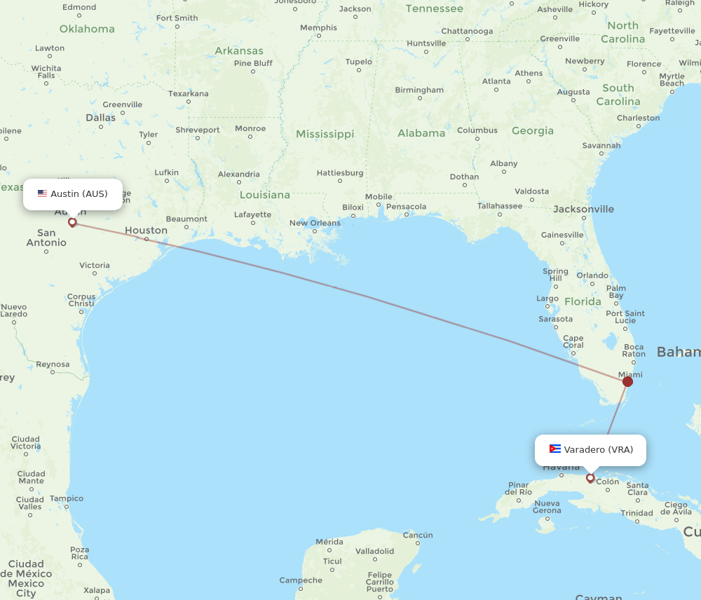 Austin - Varadero route map and flight paths