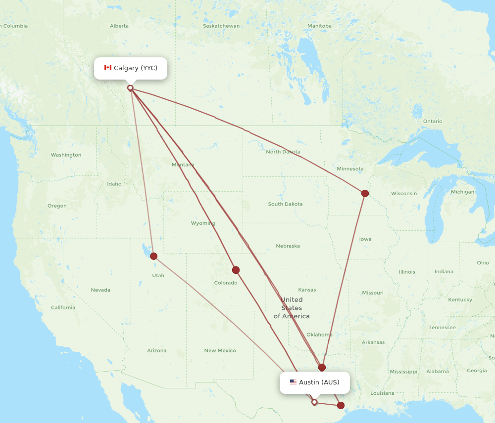Calgary - Austin route map and flight paths