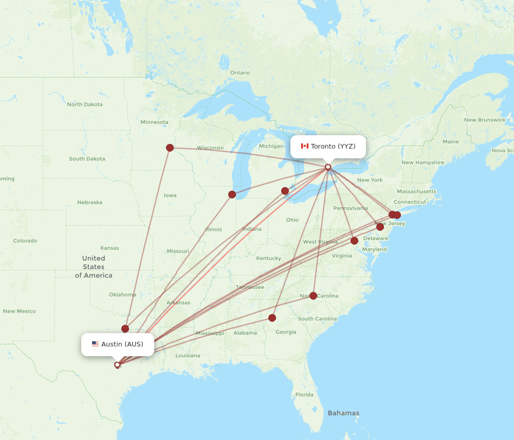 AUS to YYZ flights and routes map