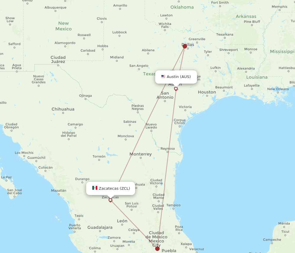 AUS to ZCL flights and routes map
