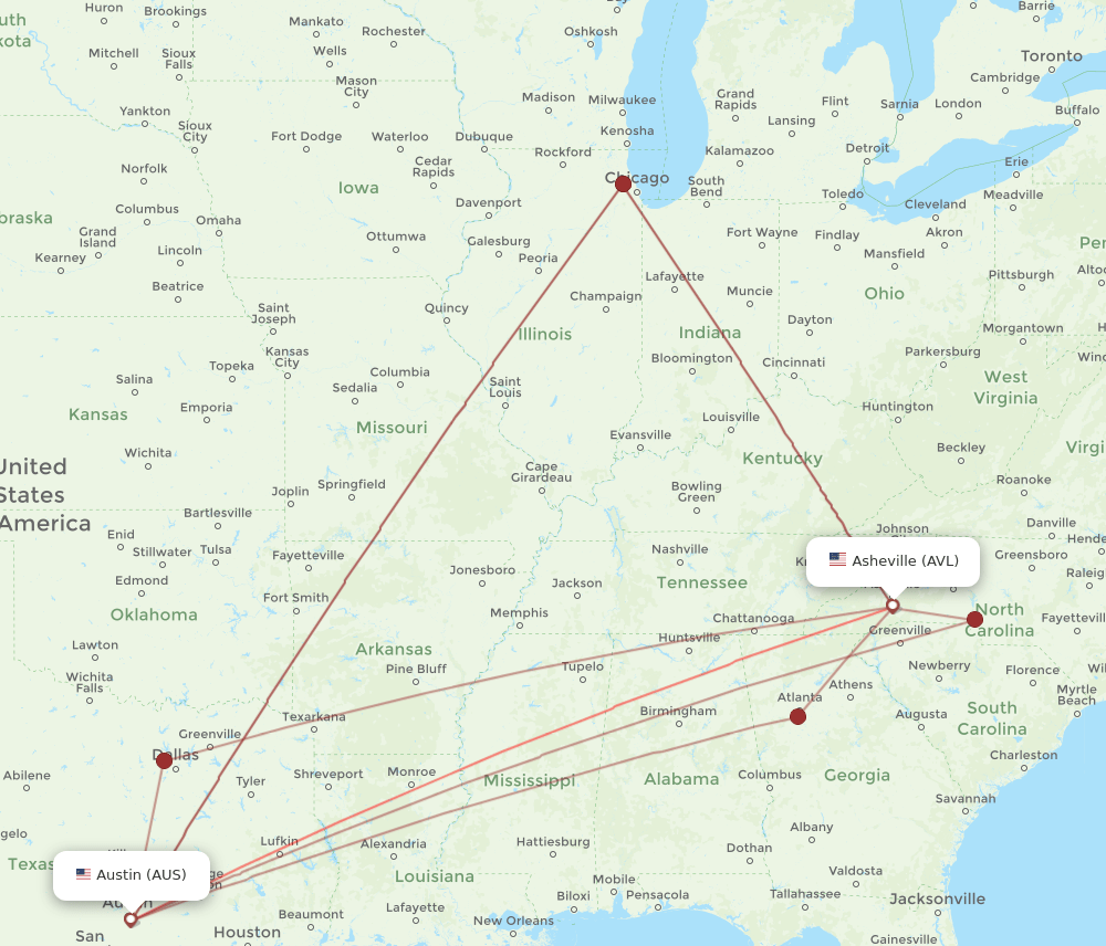 AVL-AUS flight routes