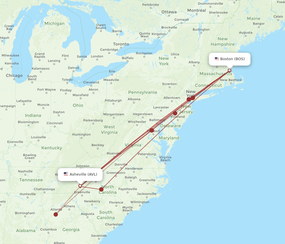AVL-BOS flight routes