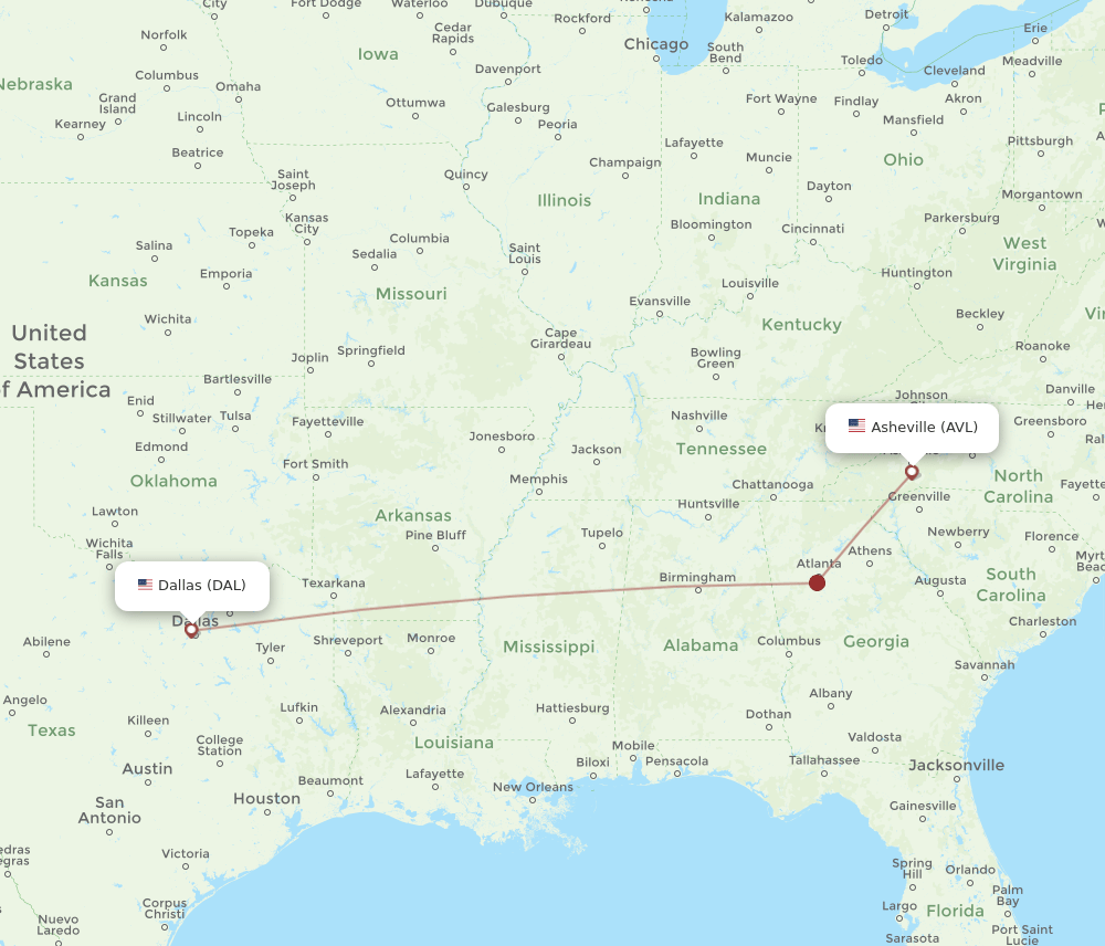 AVL to DAL flights and routes map