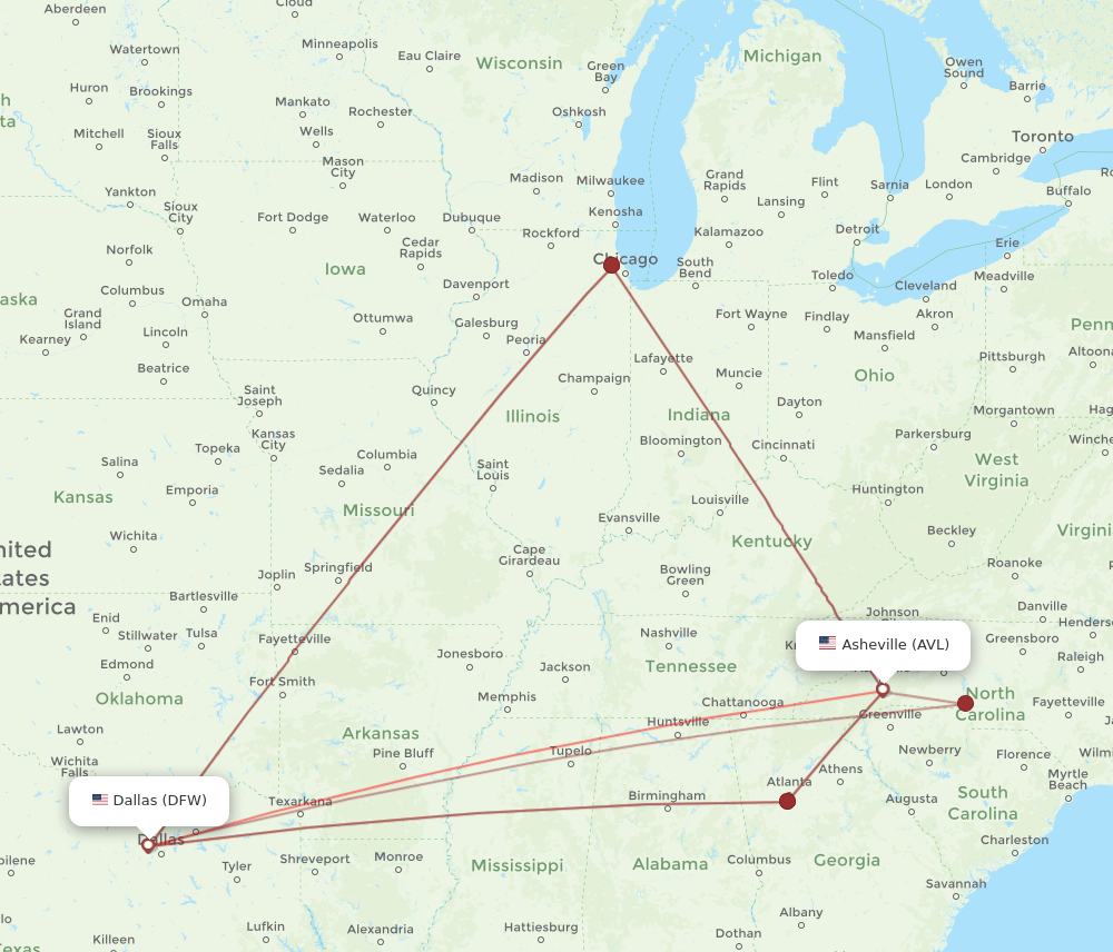 AVL to DFW flights and routes map