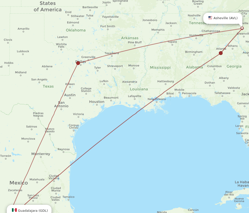 AVL-GDL flight routes