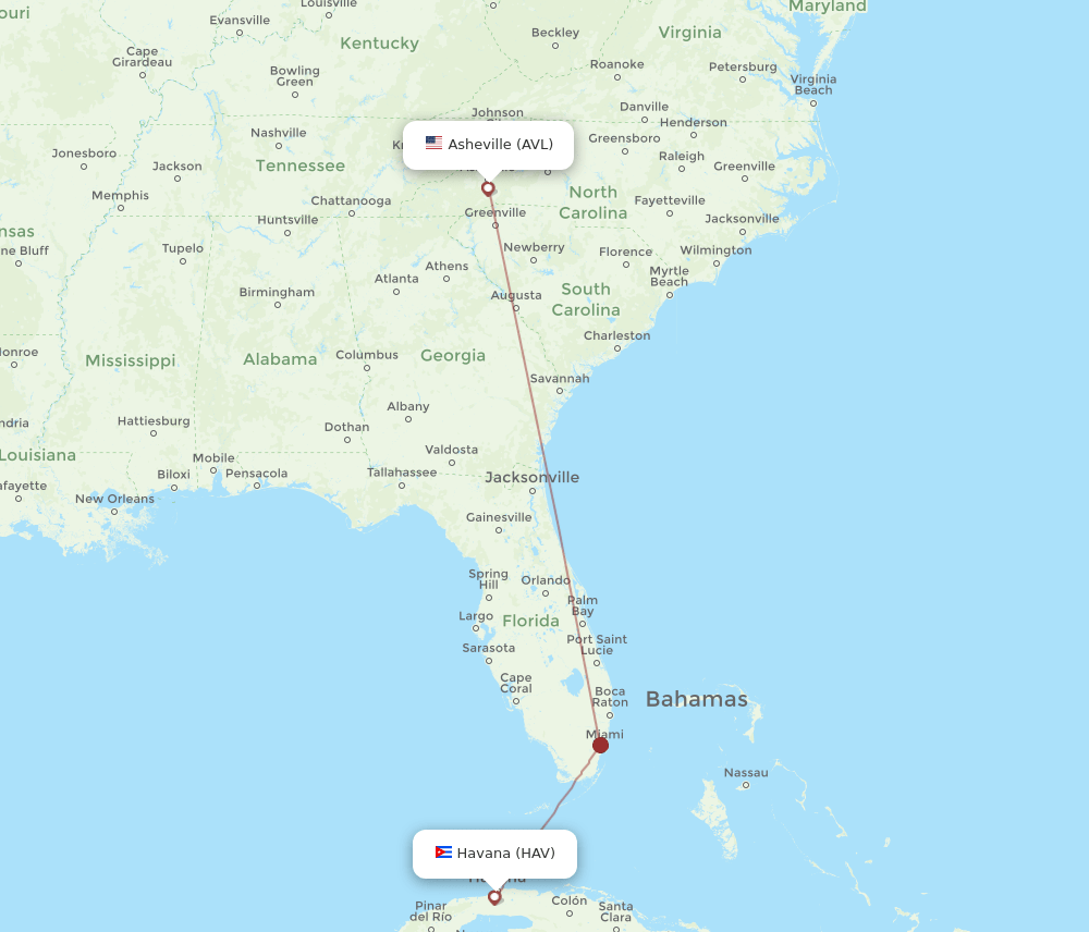 Havana - Asheville route map and flight paths