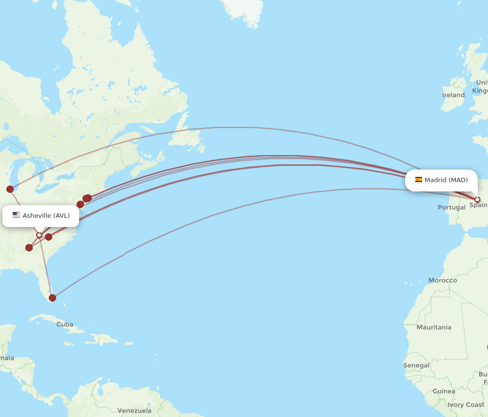 AVL to MAD flights and routes map