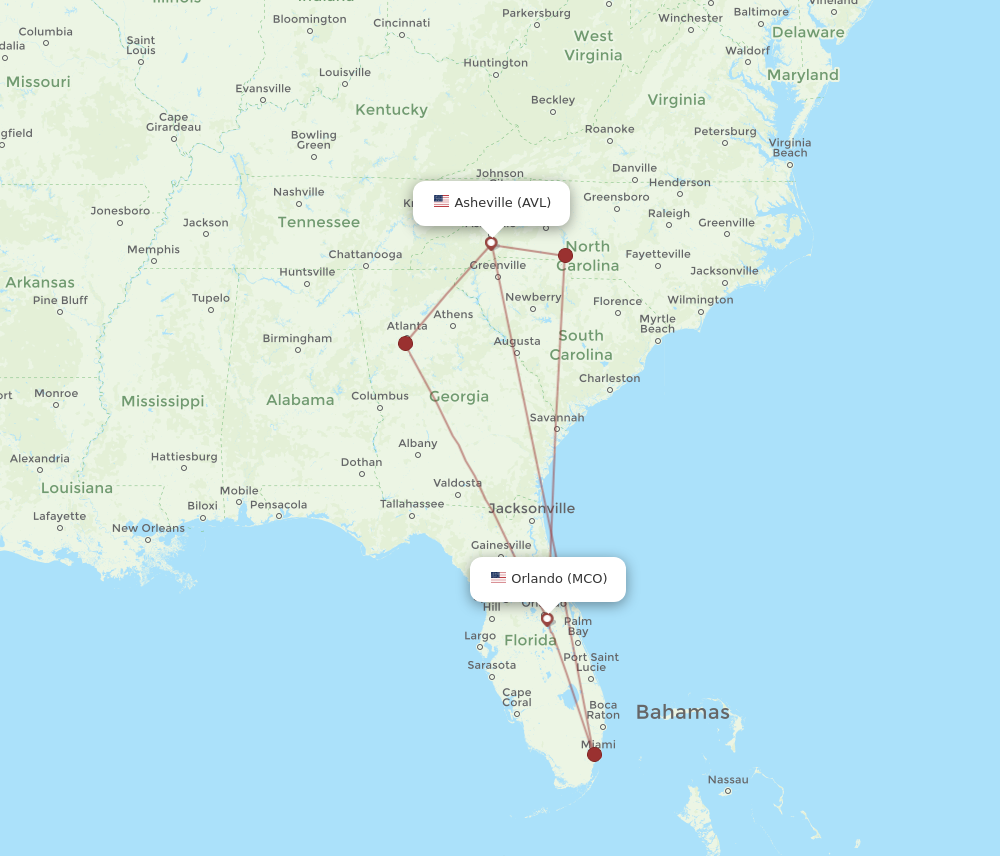 AVL to MCO flights and routes map