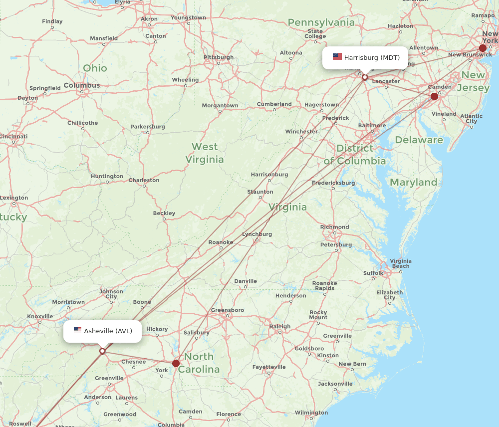 AVL to MDT flights and routes map