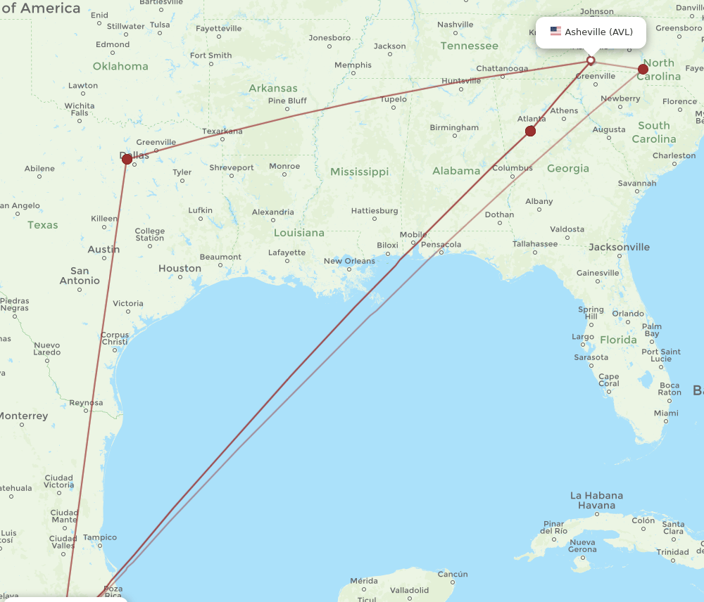 AVL-MEX flight routes