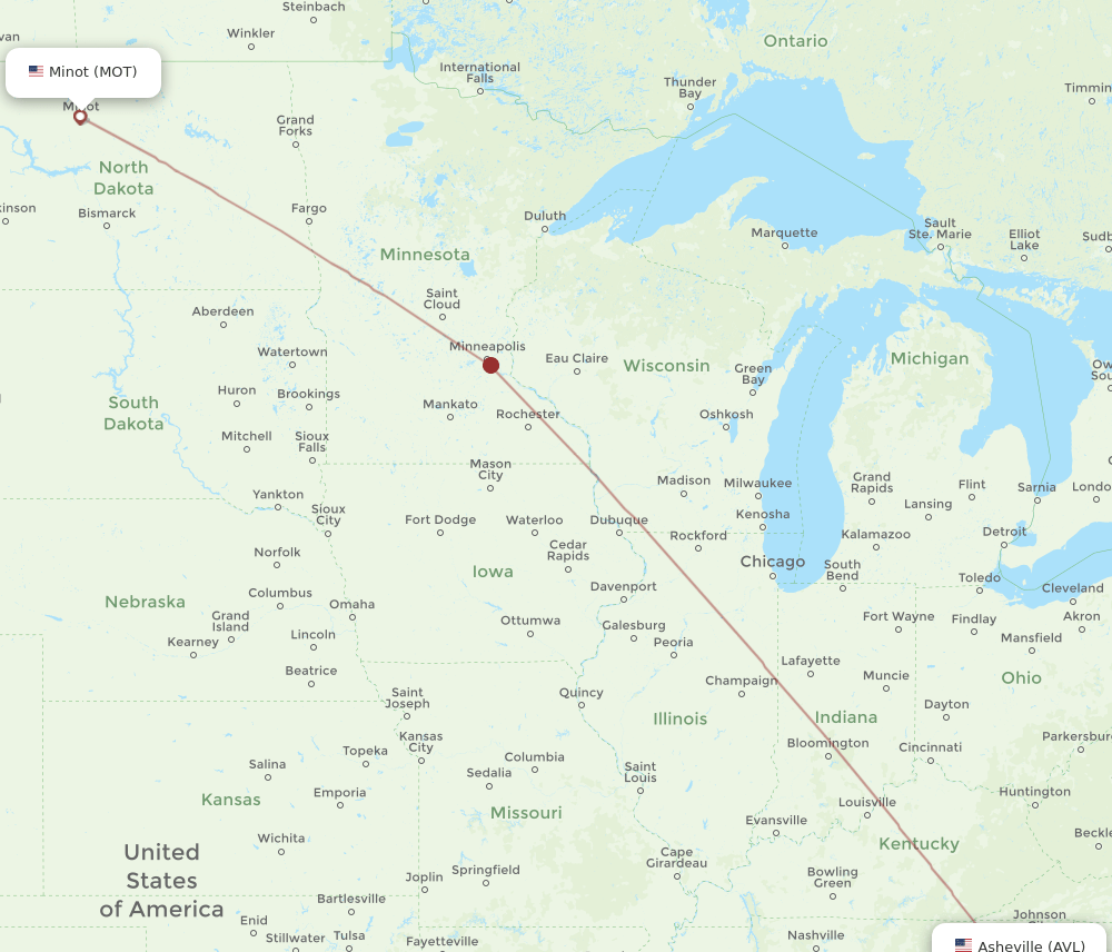 Minot - Asheville route map and flight paths