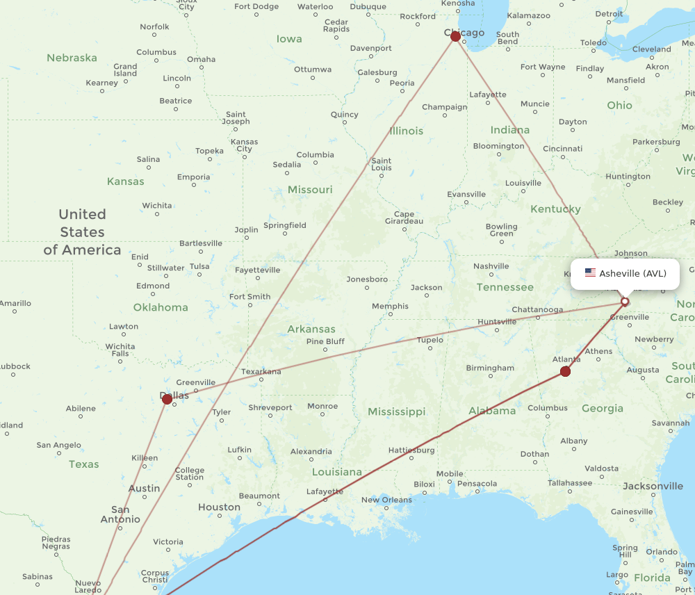 AVL to MTY flights and routes map