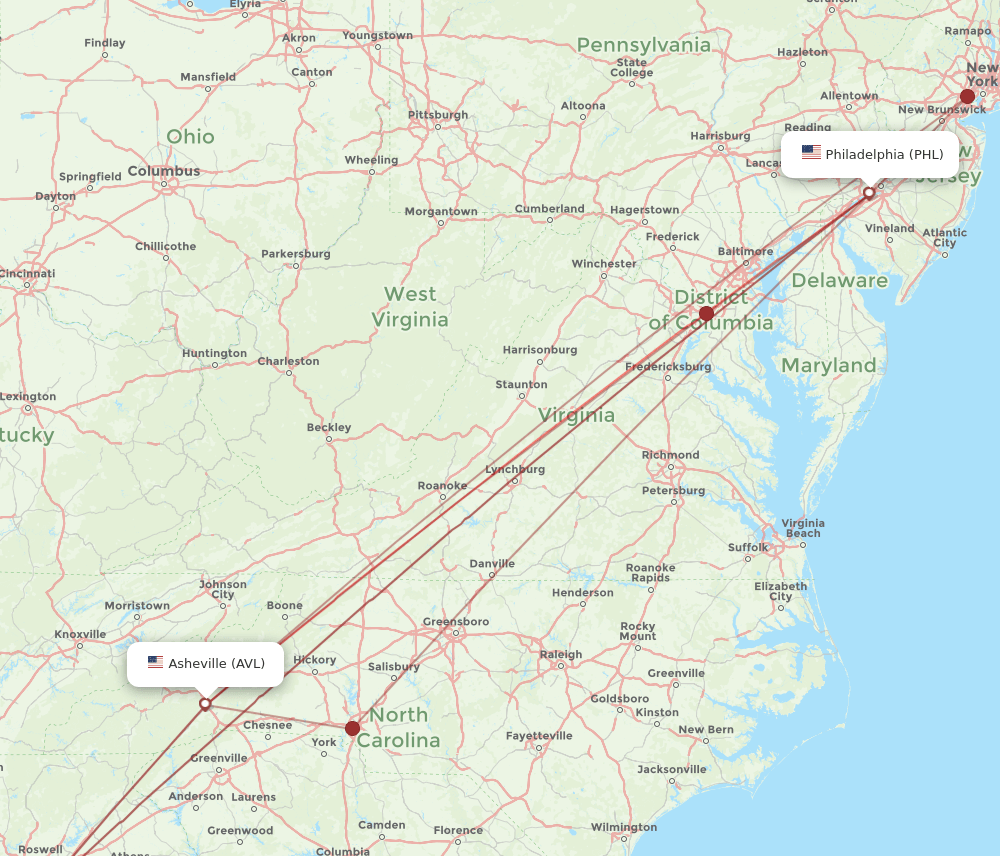 AVL to PHL flights and routes map