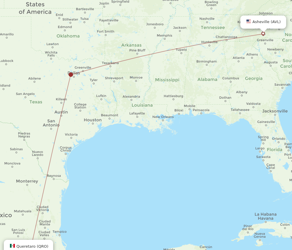 AVL to QRO flights and routes map