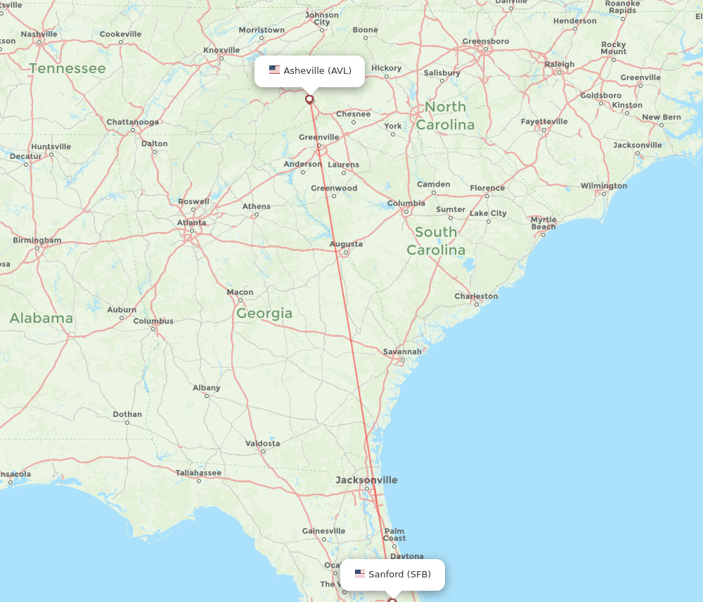 Asheville - Orlando route map and flight paths