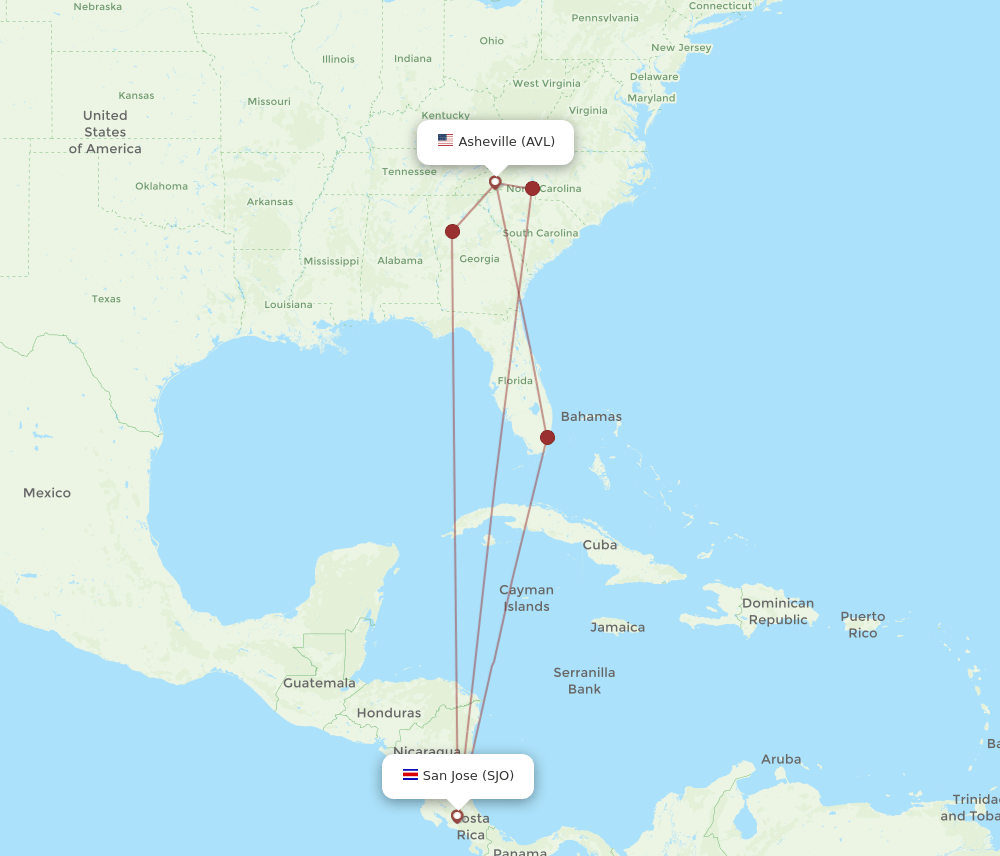 AVL-SJO flight routes