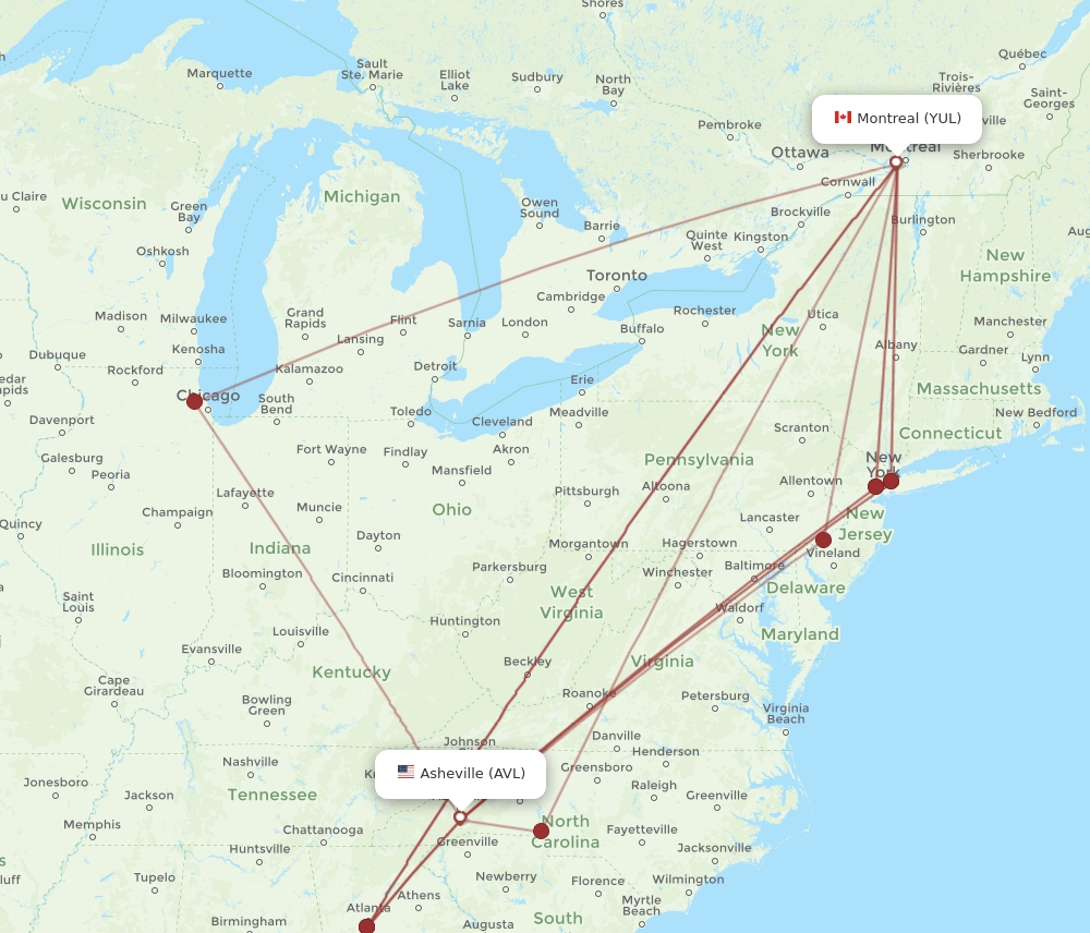 AVL to YUL flights and routes map