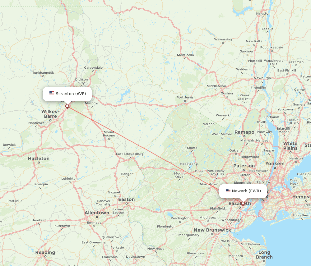 Wilkes-Barre - New York route map and flight paths